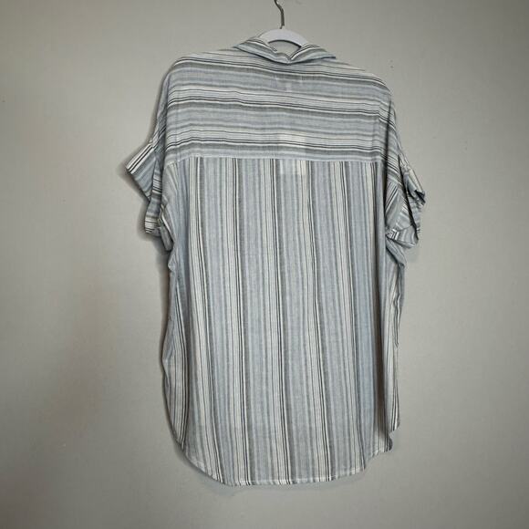 OAT Short Sleeve Blue Gray Striped Button Up Cotton Shirt Women’s Large NWT - Picture 4 of 8
